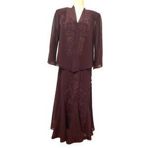 NWT 2pc R&M Richards Sleeveless Beaded V-Neck Dress 16 Eggplant Chiffon Jacket